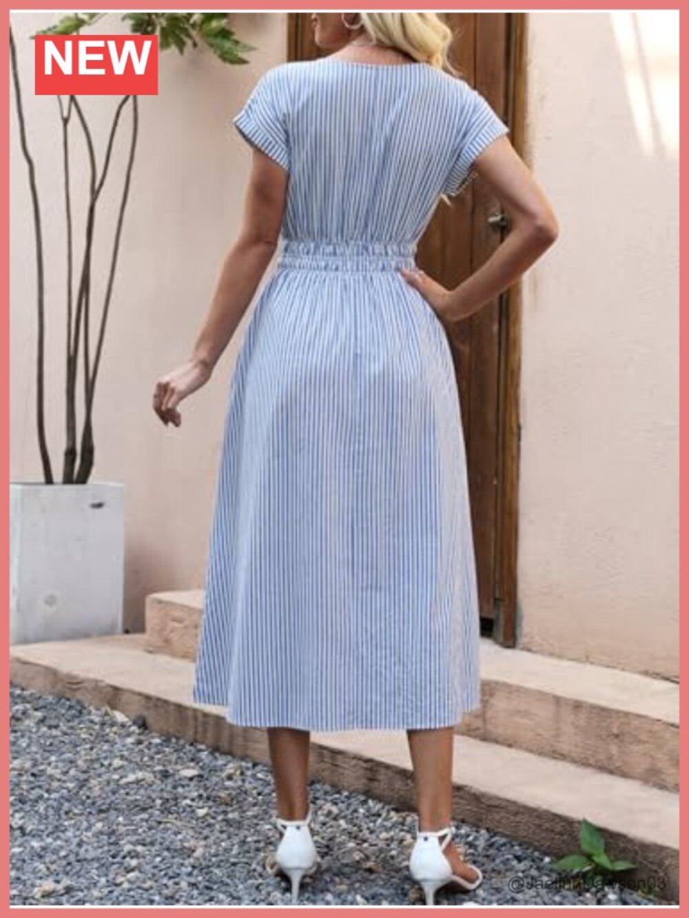Casual Midi Dress with Pockets Short Sleeve Crewneck Elastic Waist Flowy Beach - Picture 5 of 6